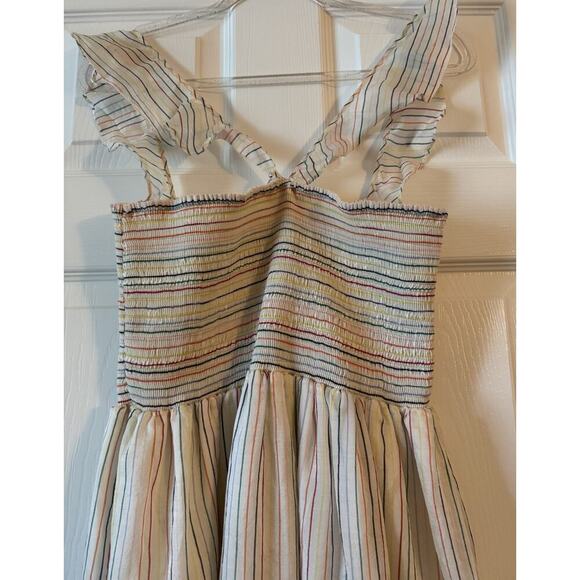 Madewell Women’s Ruffle-Strap Smocked Rainbow Stripe Midi Dress Size M - Picture 3 of 11